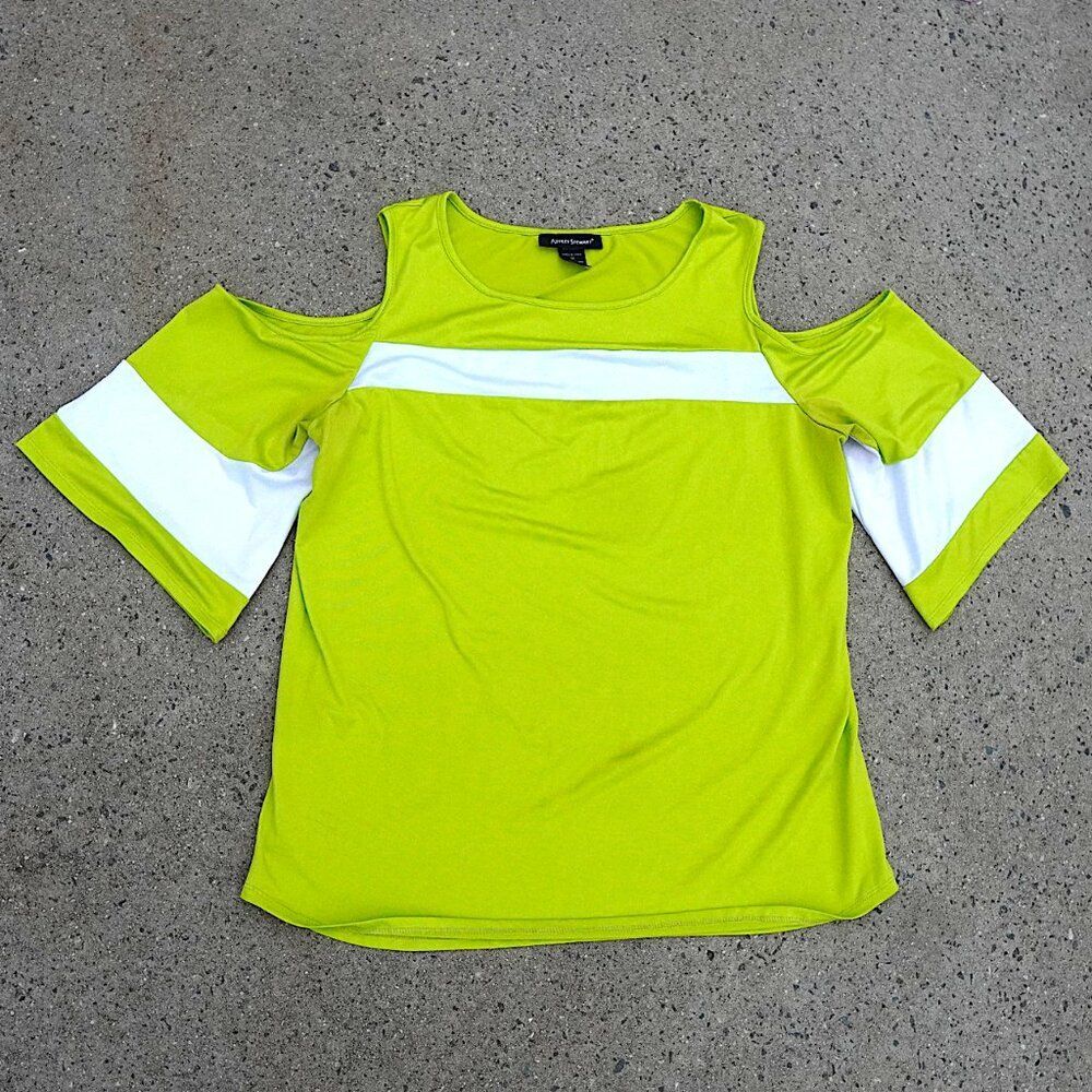 Ashley Stewart Neon Green Cold Shoulder Bell Sleeve Top Size 12 Colorblock